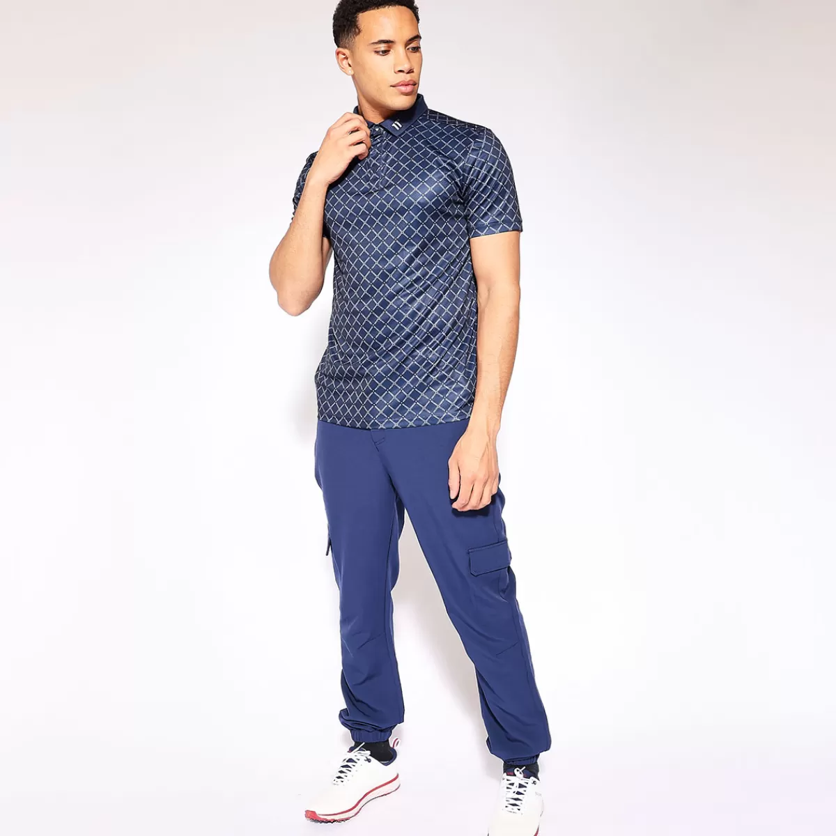 Clearance 11 Degrees Men's Over Brand Print Golf Polo Shirt Navy Blue