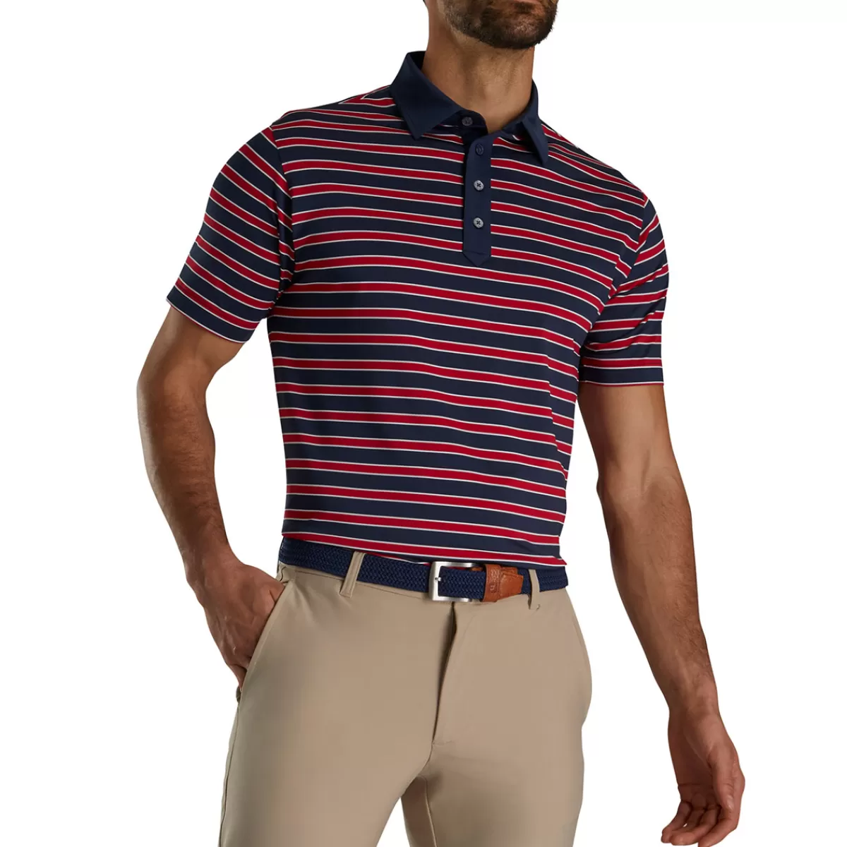 New FootJoy Men's Centennial Collection Lisle Stripe Golf Polo Shirt Red/White/Blue