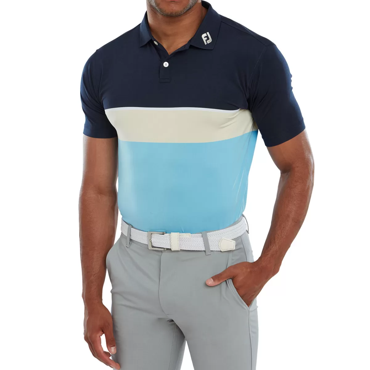 Hot FootJoy Men's Colour Theory Golf Polo Shirt Navy/White/Almond/True Blue
