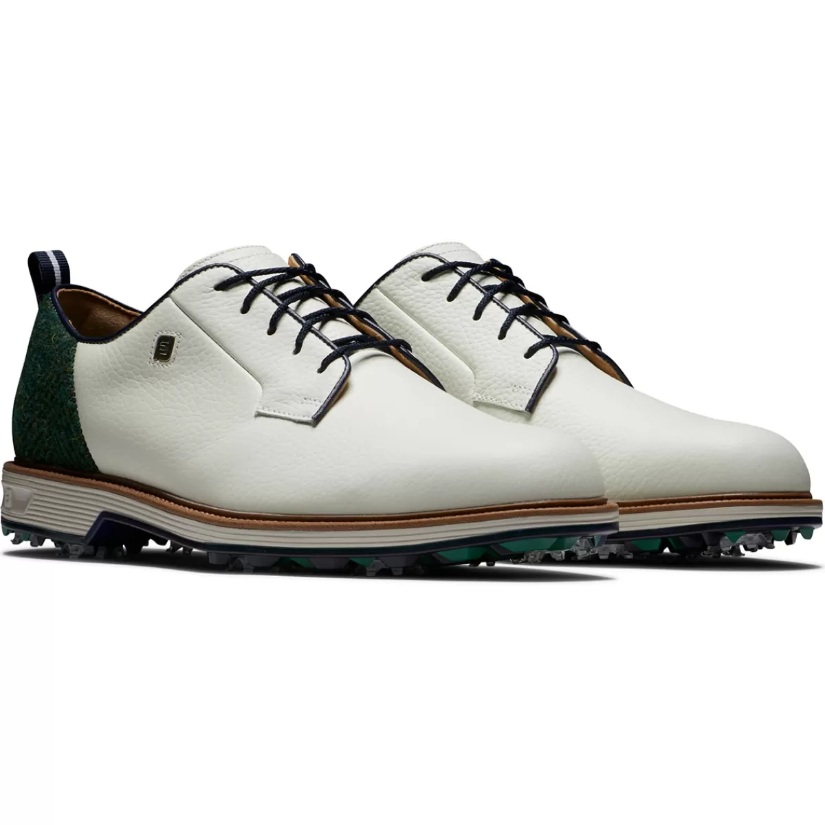 Clearance FootJoy Men's Harris Tweed Premiere Series Field Waterproof Spiked Golf Shoes White/Green/Navy