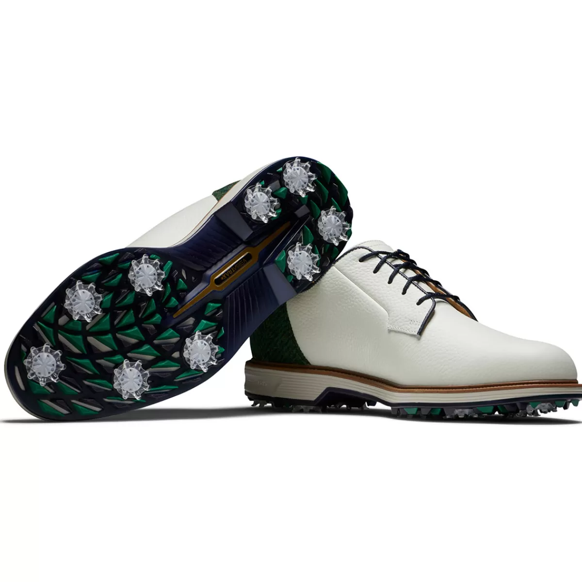 Clearance FootJoy Men's Harris Tweed Premiere Series Field Waterproof Spiked Golf Shoes White/Green/Navy