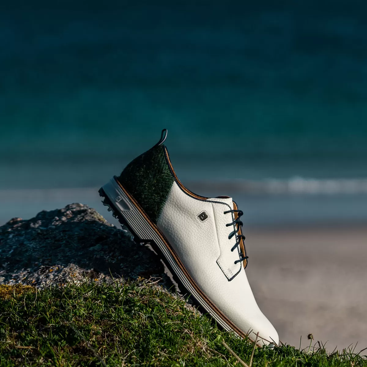 Clearance FootJoy Men's Harris Tweed Premiere Series Field Waterproof Spiked Golf Shoes White/Green/Navy