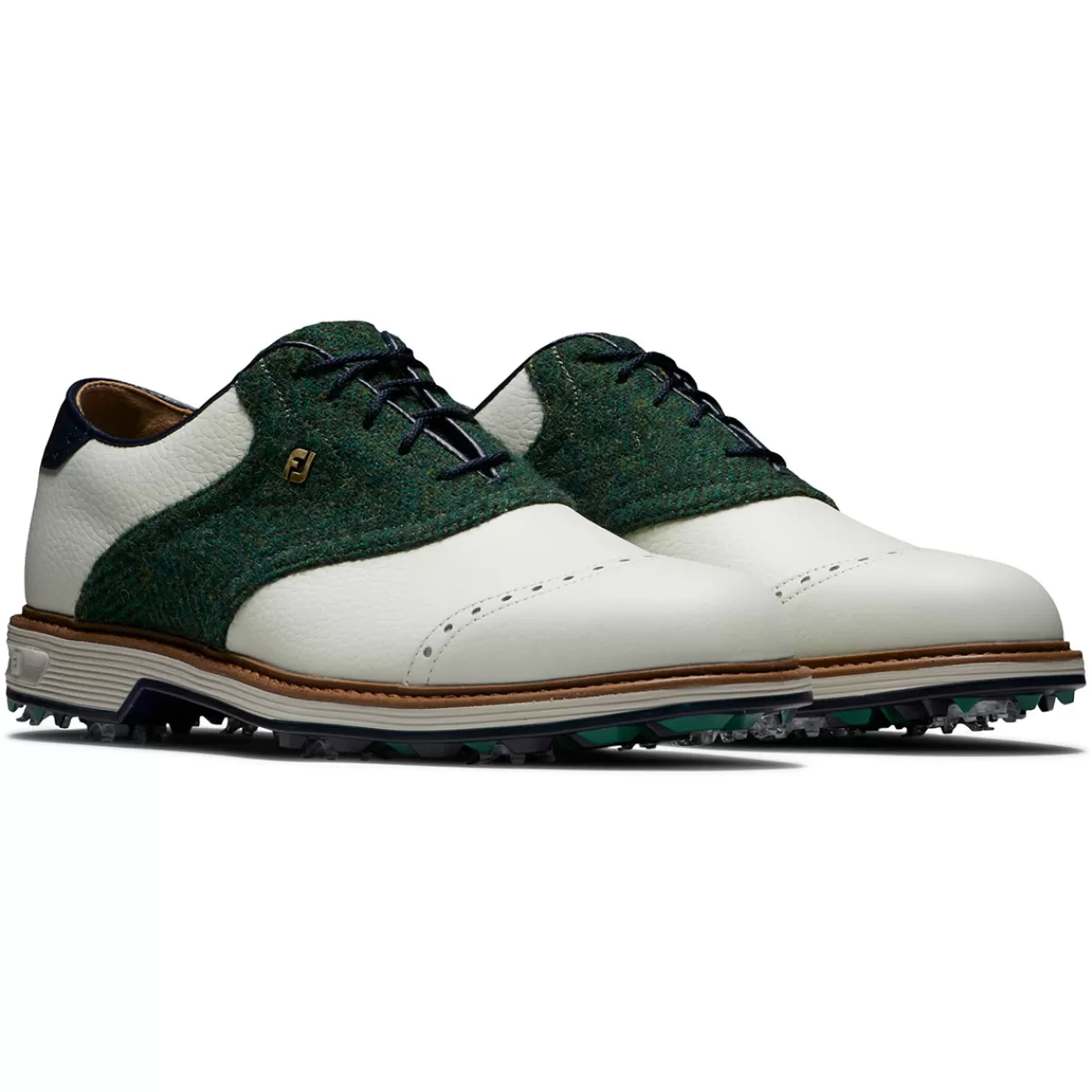 Discount FootJoy Men's Harris Tweed Premiere Series Wilcox Waterproof Spiked Golf Shoes White/Green/Navy