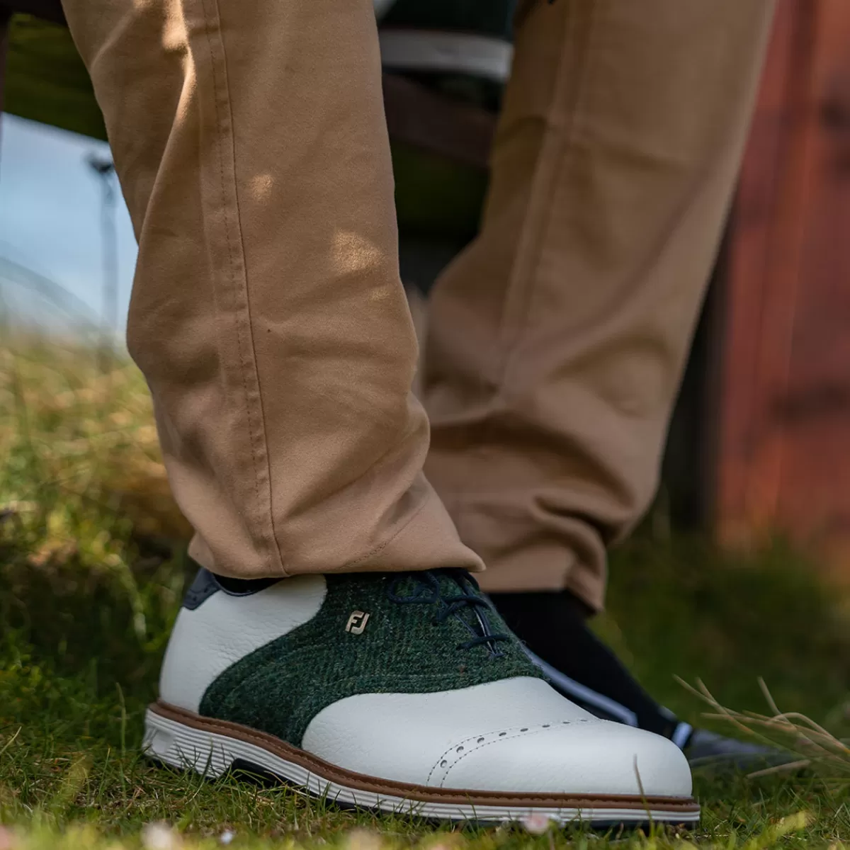 Discount FootJoy Men's Harris Tweed Premiere Series Wilcox Waterproof Spiked Golf Shoes White/Green/Navy