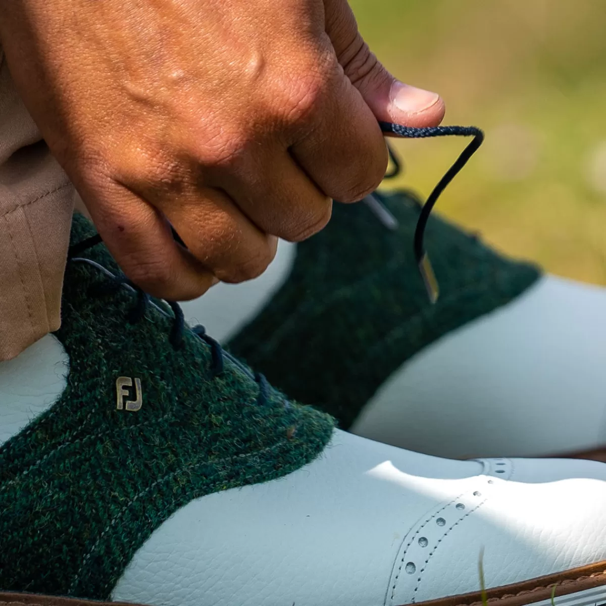 Discount FootJoy Men's Harris Tweed Premiere Series Wilcox Waterproof Spiked Golf Shoes White/Green/Navy