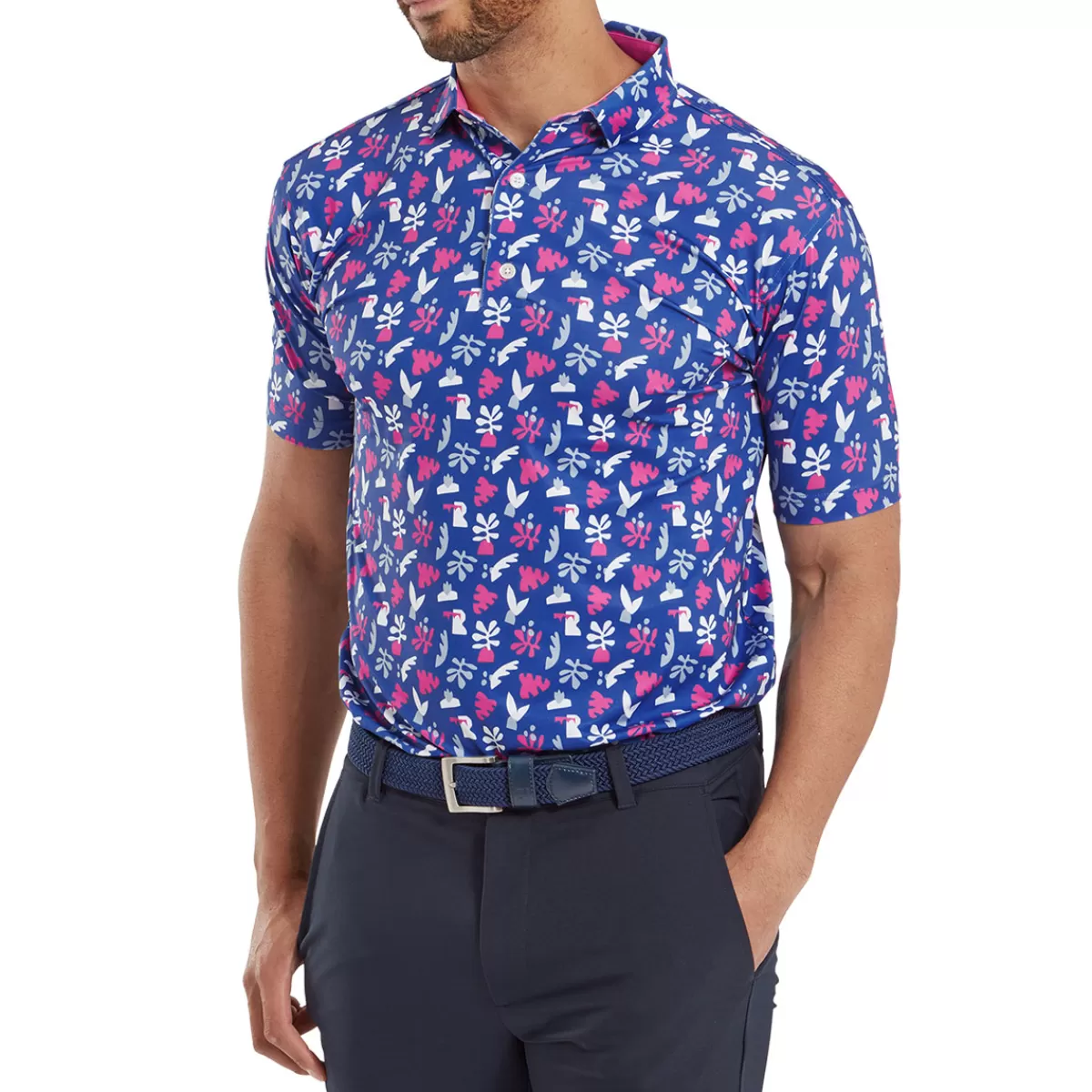 Discount FootJoy Men's Jungle Leaves Golf Polo Shirt White/Rose/Mist