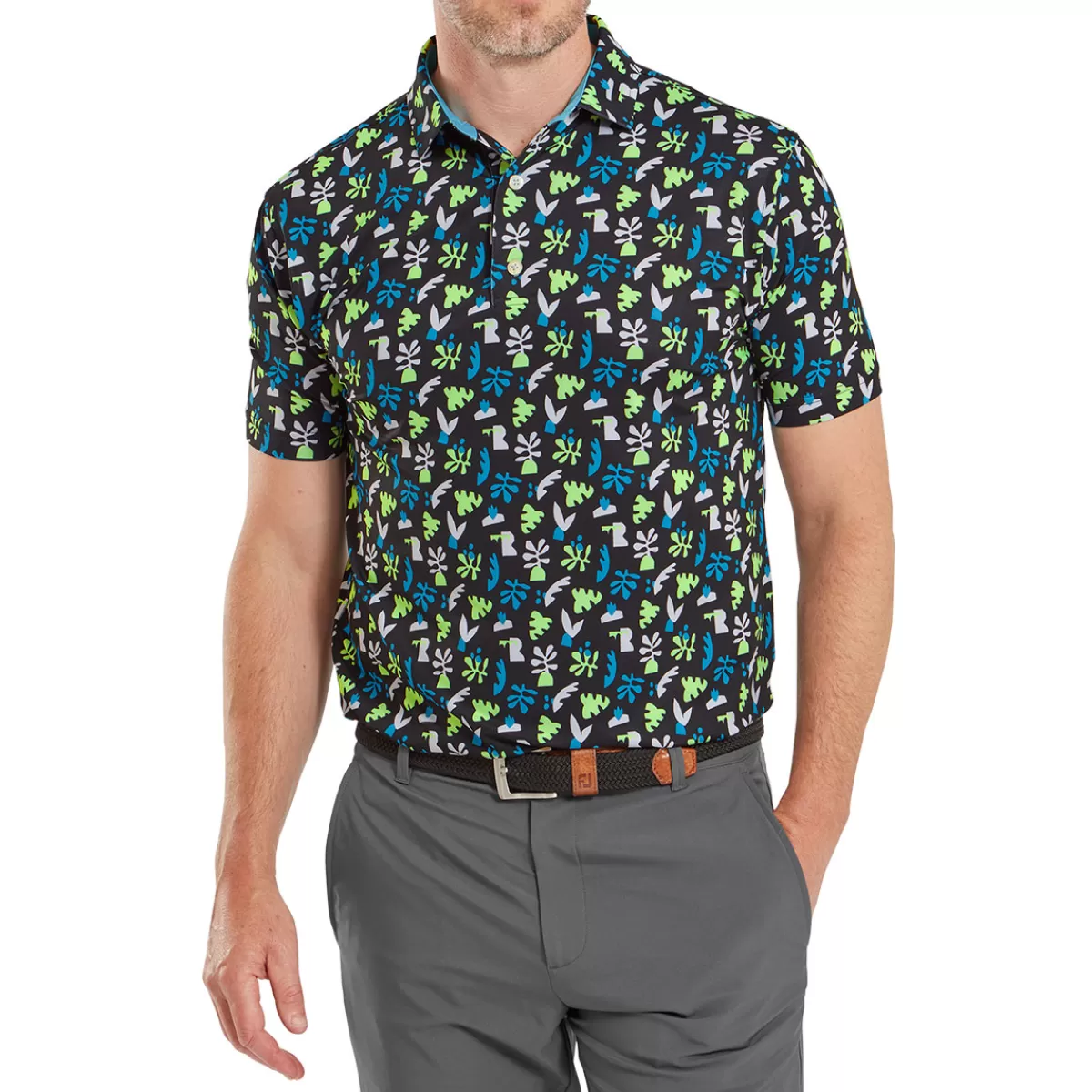 Cheap FootJoy Men's Jungle Leaves Golf Polo Shirt Black/White/Pool/Plam Green