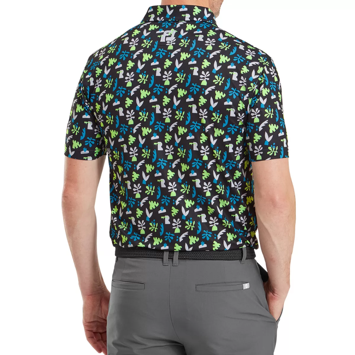 Cheap FootJoy Men's Jungle Leaves Golf Polo Shirt Black/White/Pool/Plam Green