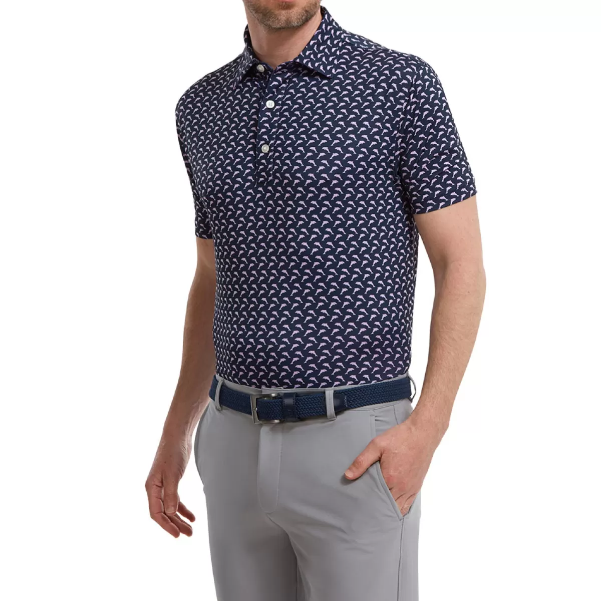 Store FootJoy Men's Leaping Dolphins Print Lisle Stretch Golf Polo Shirt