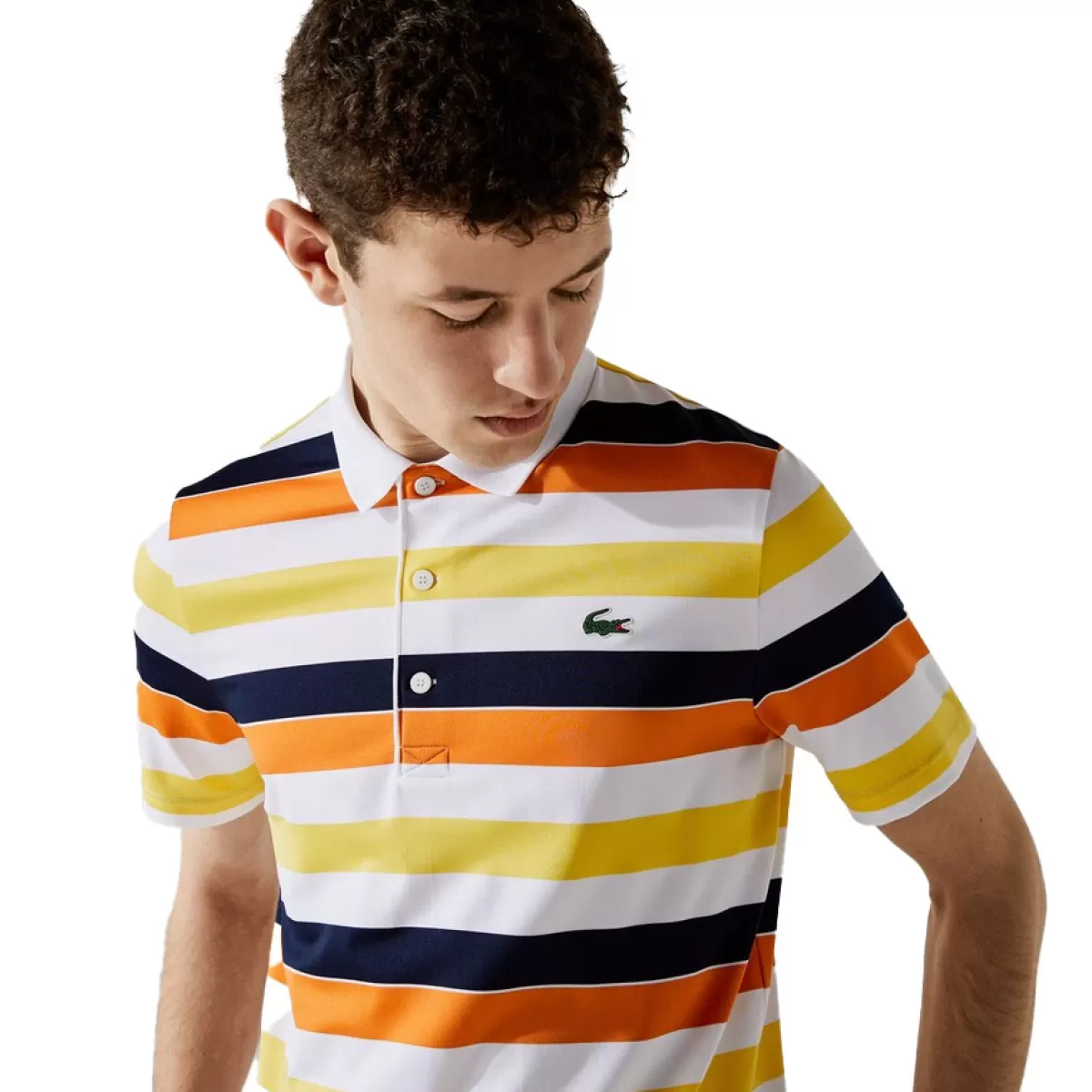 Cheap Lacoste Men's Sport Breathable Striped Stretch Golf Polo Shirt White/Navy/Orange