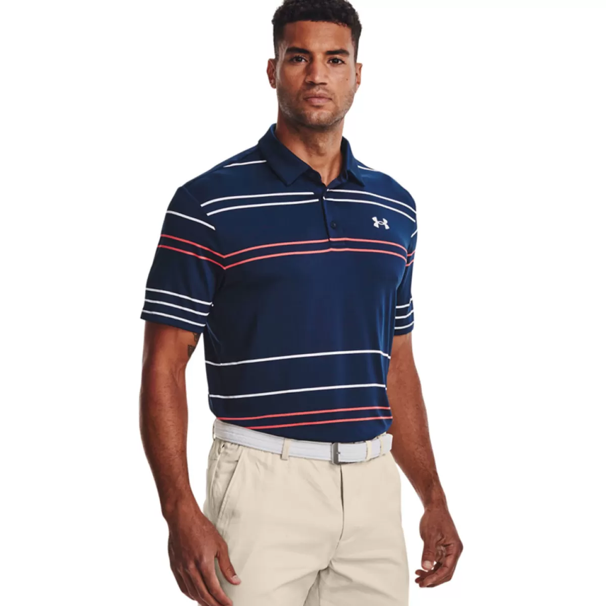 Clearance Under Armour Men's Playoff 2.0 Pitch Stripe Stretch Golf Polo Shirt Academy/Rush Red/White