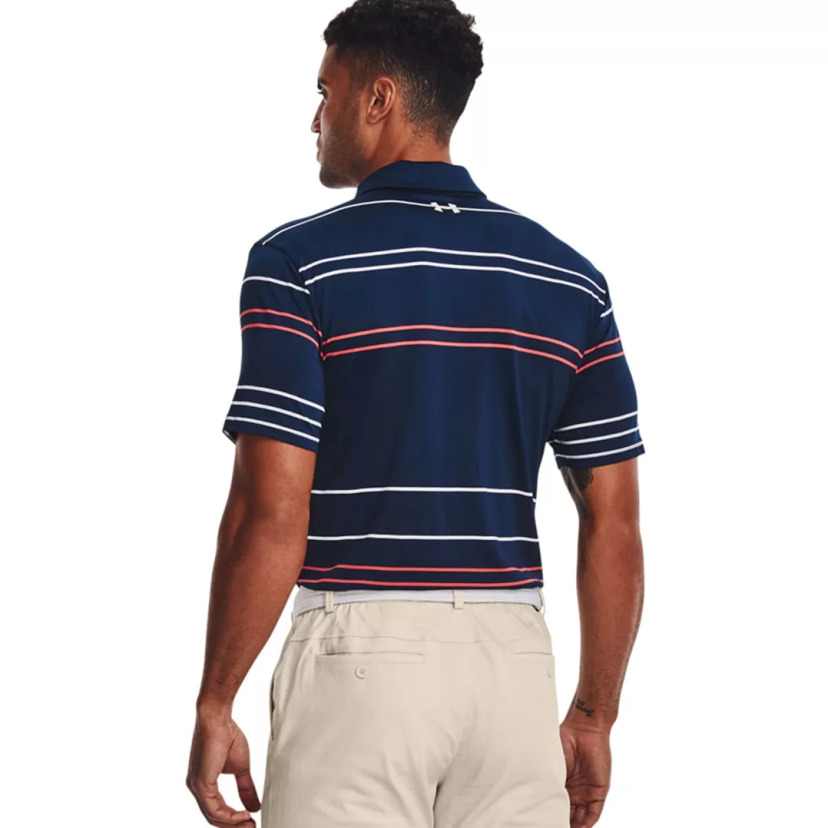 Clearance Under Armour Men's Playoff 2.0 Pitch Stripe Stretch Golf Polo Shirt Academy/Rush Red/White
