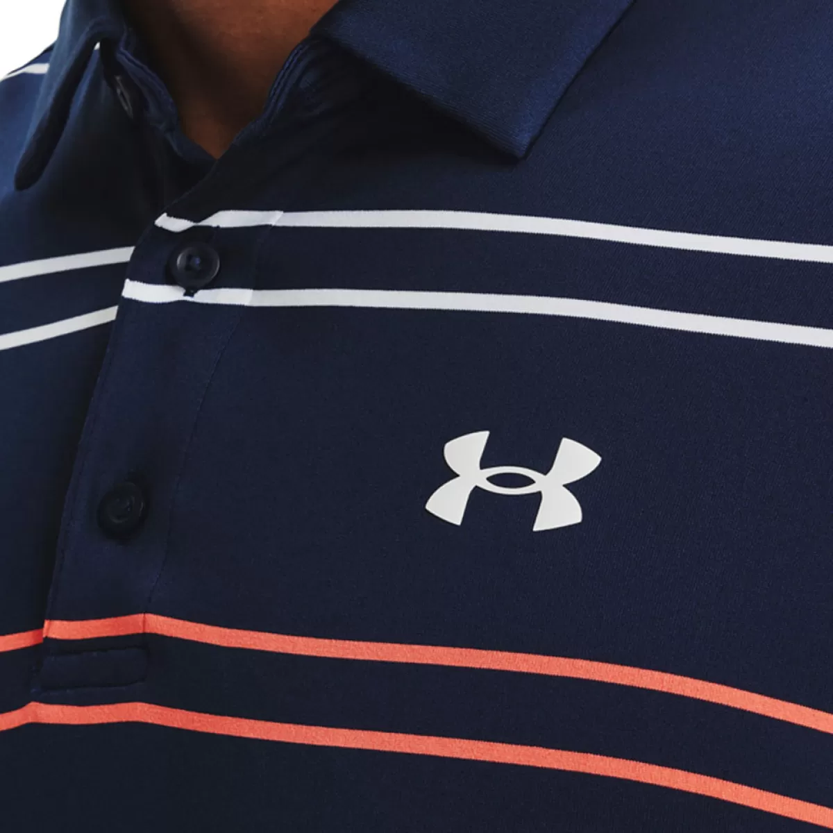 Clearance Under Armour Men's Playoff 2.0 Pitch Stripe Stretch Golf Polo Shirt Academy/Rush Red/White