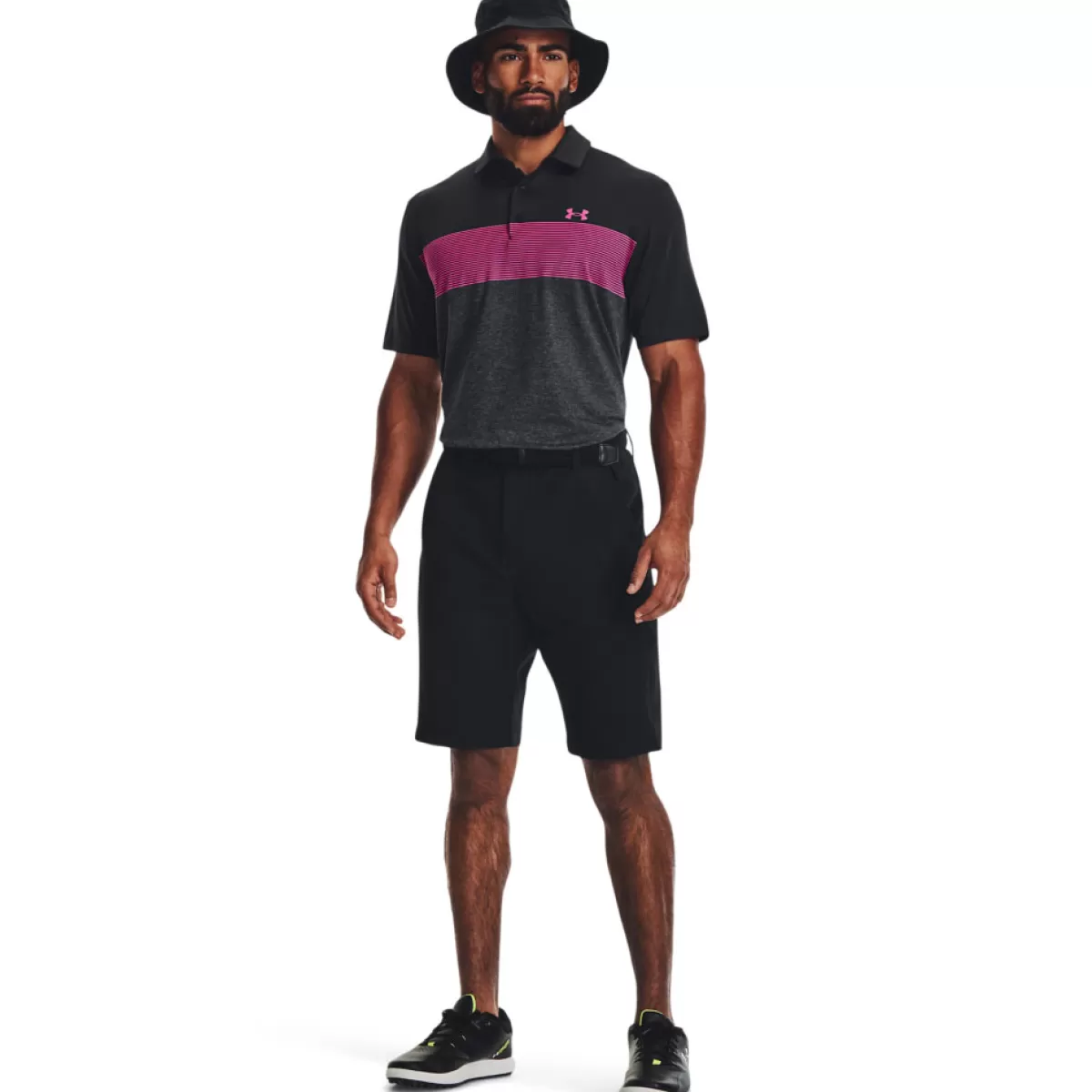 New Under Armour Men's Playoff 3.0 Low Round Stripe Golf Polo Shirt Black/Jet Gray/Rebel Pink